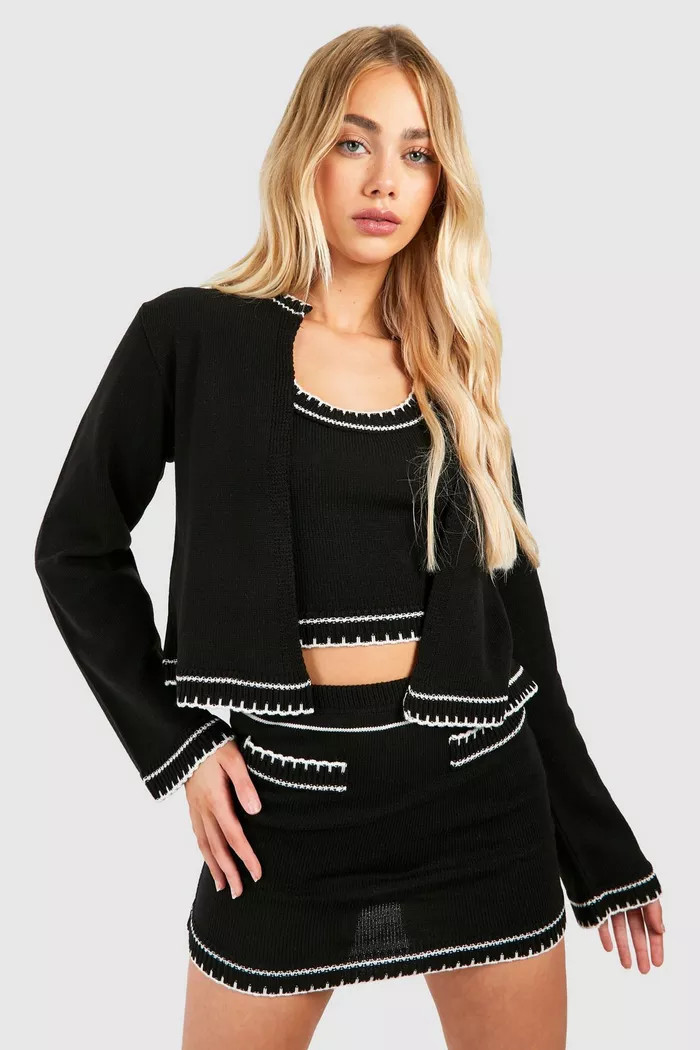 Contrast Stitch 3 Piece Knitted Cardigan, Crop Top And Mini Skirt Set | boohoo (US & Canada)
