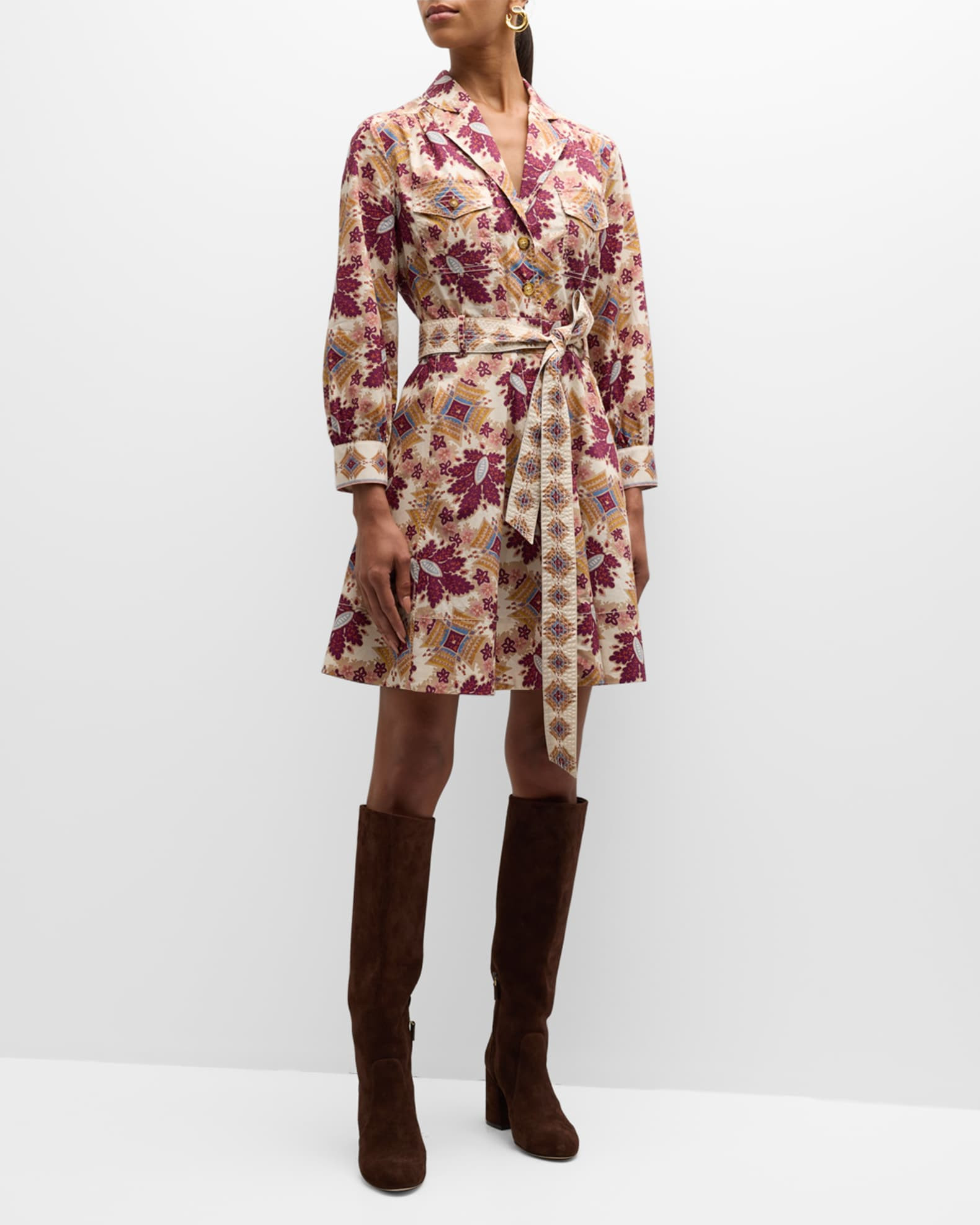 Leona Belted Floral Cotton Poplin Mini Dress | Neiman Marcus