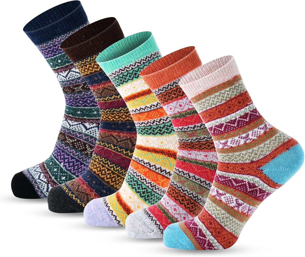 Lisacool 5 Pairs Womens Wool Socks - Winter Warm Socks - Thick Thermal Knit Vintage Cozy Crew Sof... | Amazon (US)