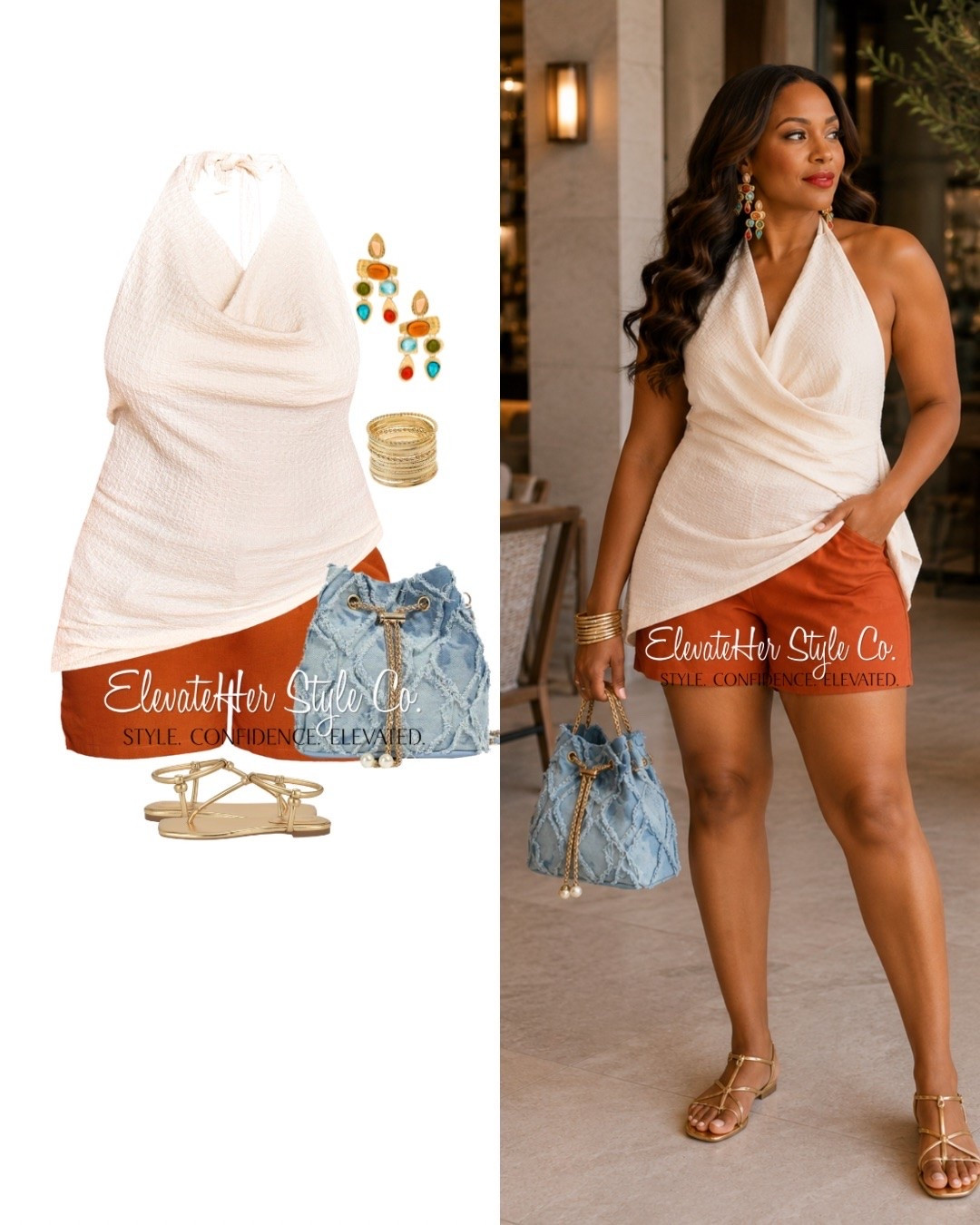 Casually Chic | Styled for all sizes 

Quick LTK tips:

Warm tones are the whole story here. The cream halter keeps it soft and feminine, and the rust shorts pull the gold and amber right out of your skin. Gold sandals and stacked bangles keep everything glowing in the same warm family so it reads expensive. Then the denim bucket bag and those gemstone earrings are the twist that keeps it from looking too matchy. Easy, but every piece is doing its job.