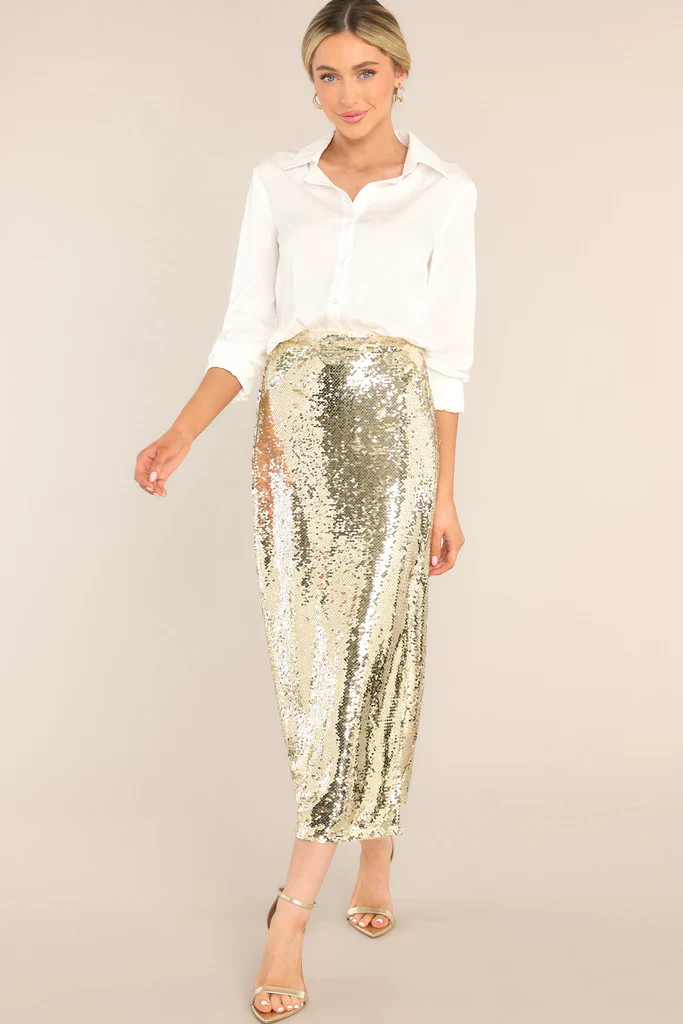 A Part Of It Gold Sequin Midi Skirt | Red Dress 