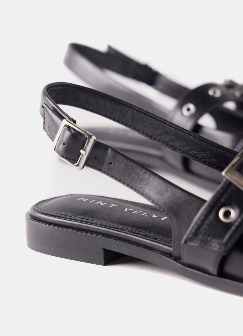 Ella Black Leather Buckled Flat Shoes | Mint Velvet