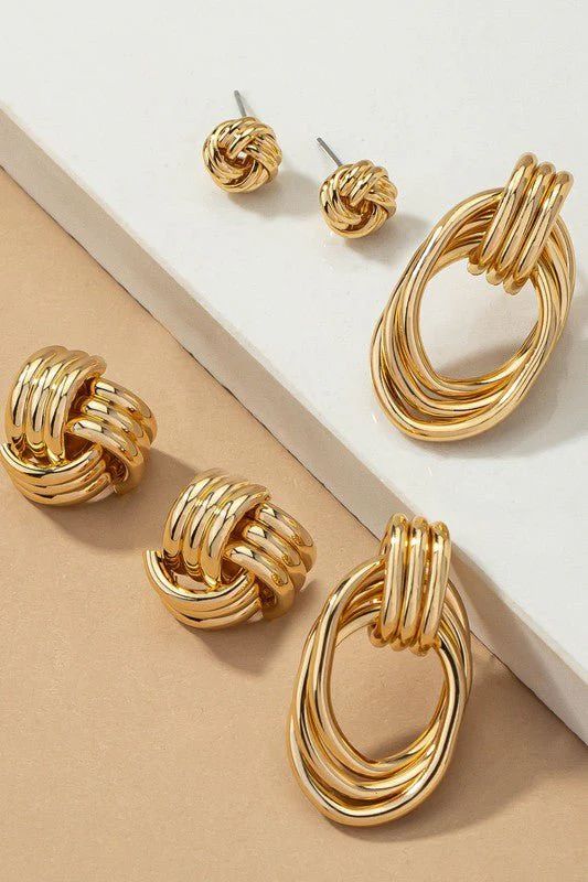 Metal Knot Hoop Earrings 3 Pack Set - Gold | Petal & Pup (US)