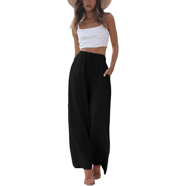 Tanming Wide Leg Linen Pants for Women Summer Flowy High Waisted Beach Palazzo Trousers (Black-XS... | Amazon (US)