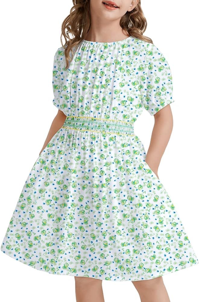 tiny sugar Girls Floral Smocked Waist Dress Church Holiday Playwear Soft Midi Dress with Pockets | Amazon (US)