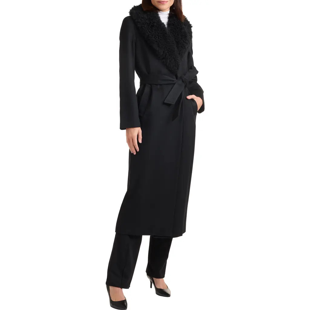 Sofia Cashmere Genuine Shearling Collar Tie Waist Wool & Cashmere Coat in Black at Nordstrom, Size 10 | Nordstrom