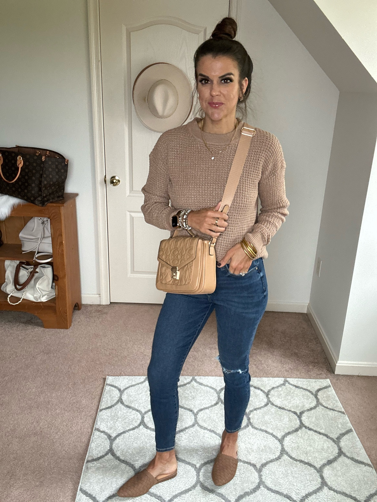 New Walmart Waffleknit sweater! Westing size xs. 
Sized up one to a 5 in Walmart jeans.
Mules Tts, size up if in between 

#LTKfindsunder100 #LTKstyletip #LTKfindsunder50