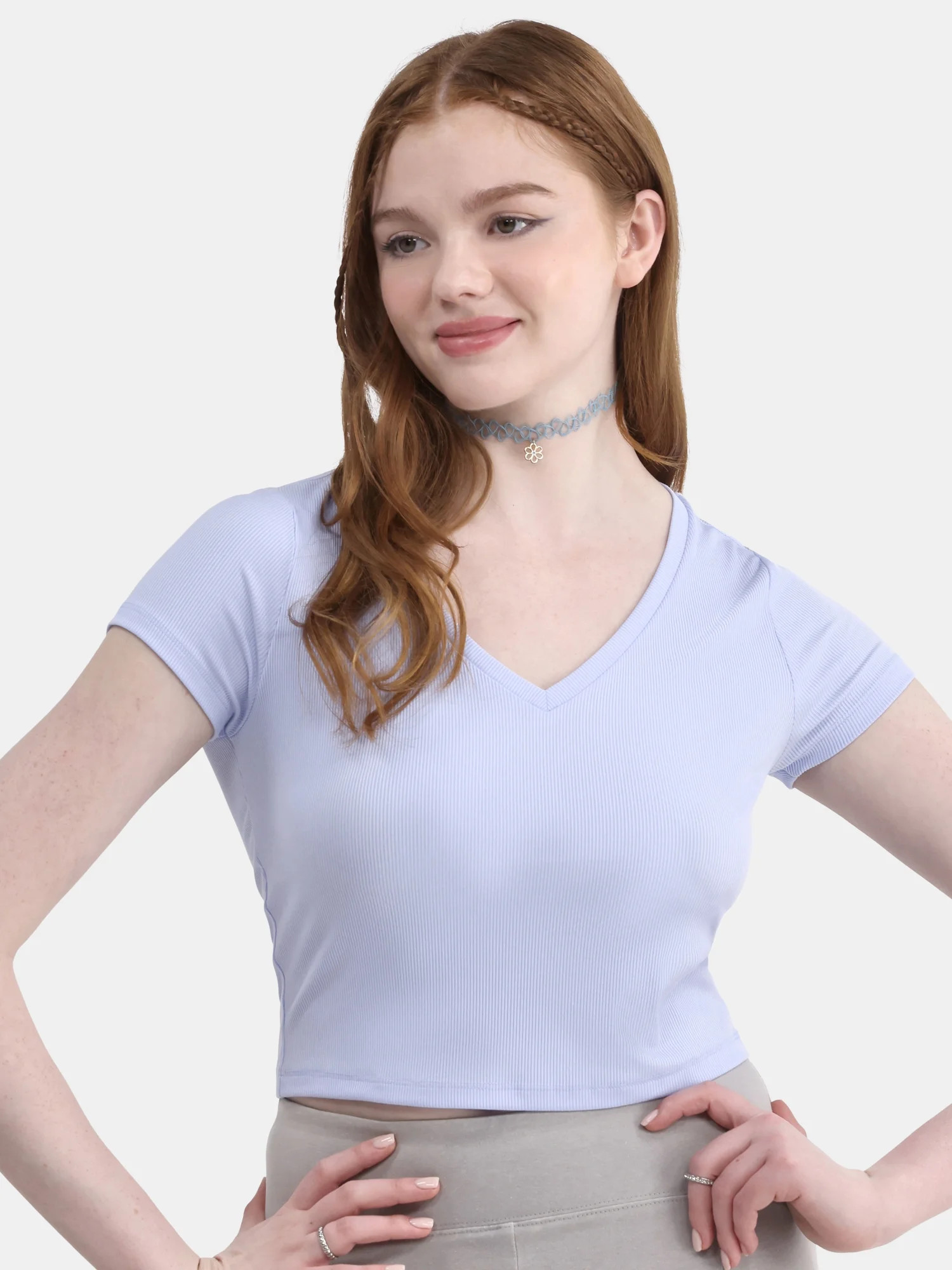 No Boundaries V-Neck Crop Rib Tee, Women's | Walmart (US)
