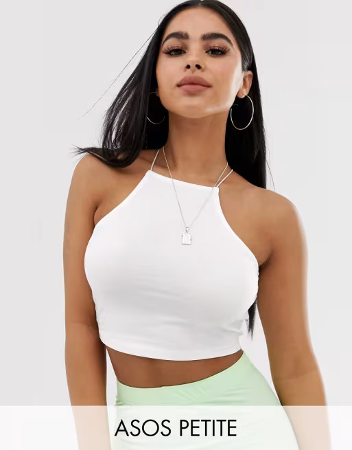 ASOS DESIGN Petite crop top with high neck and skinny straps in white | ASOS US