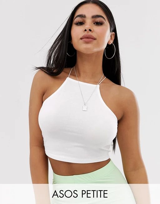 ASOS DESIGN Petite crop top with high neck and skinny straps in white | ASOS US