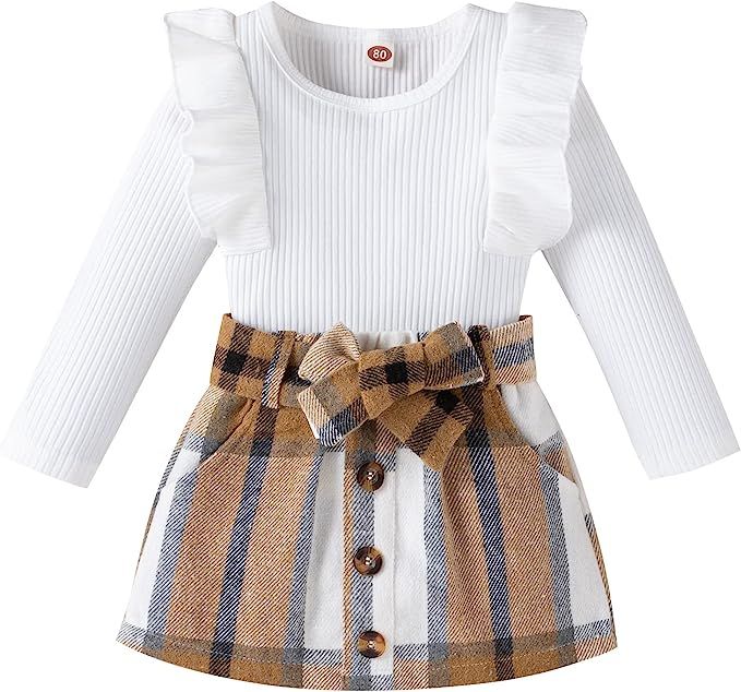 Toddler Baby Girl Clothes Set Long Sleeve High Neck Knitted Shirt Sweater Top and Plaid Skirt Set... | Amazon (US)