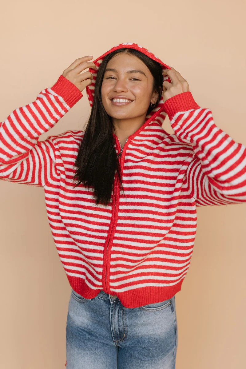 Myles Stripe Hooded Jacket in Red | Henly