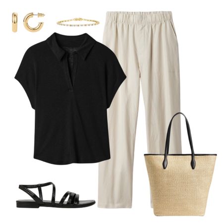 A NEW capsule wardrobe for the Summer season…Everyday Casual Summer Collection ☀️ This ready-made, complete wardrobe is perfect for moms, women who work from home, retired women or anyone needing all-casual outfits. 🙌

Black V-neck top
Linen pants
Black strap sandals
Straw tote

