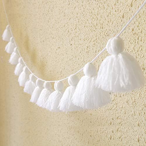 Big Size Tassel Garland H3.1in Polyester Yarn White Pom Pom Tassel Banner Decorative Wall Hanging... | Amazon (US)