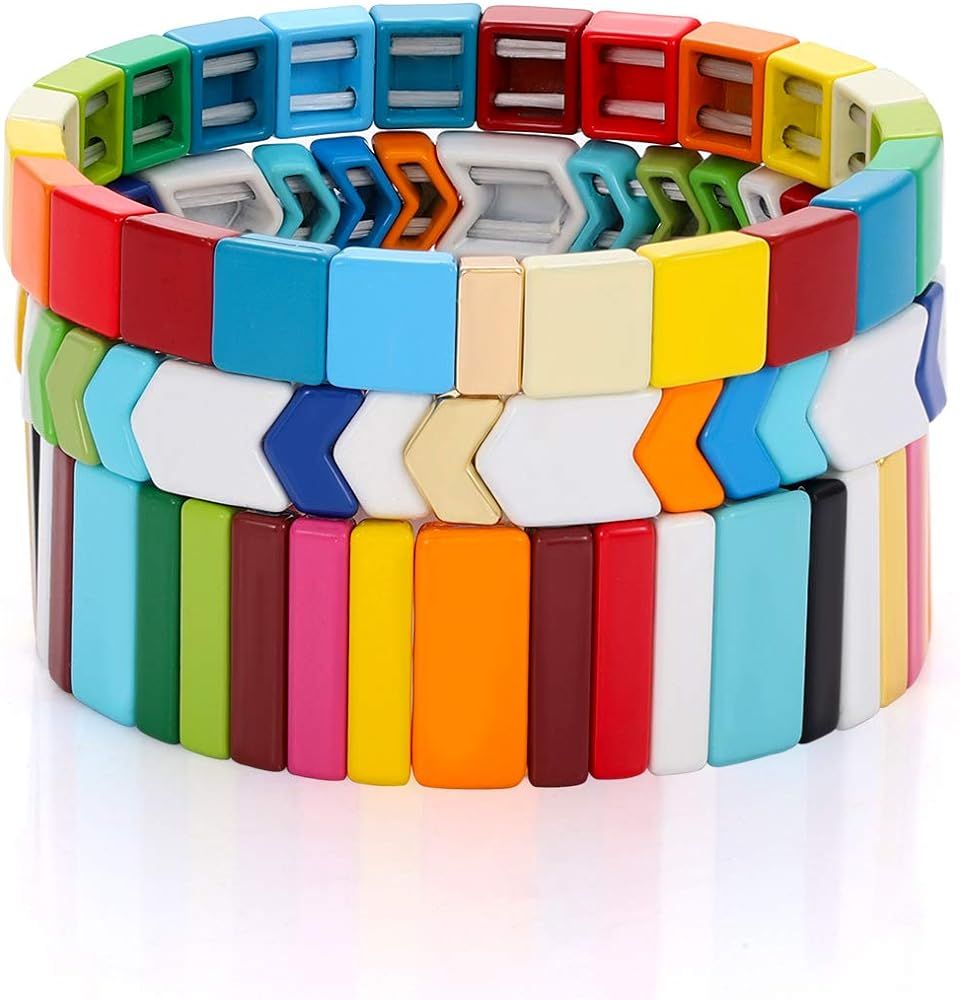 LENOOCLE Rainbow Enamel Tile Bracelet Colorful Enameled Beaded Stretch Bracelet Stackable Color-B... | Amazon (US)