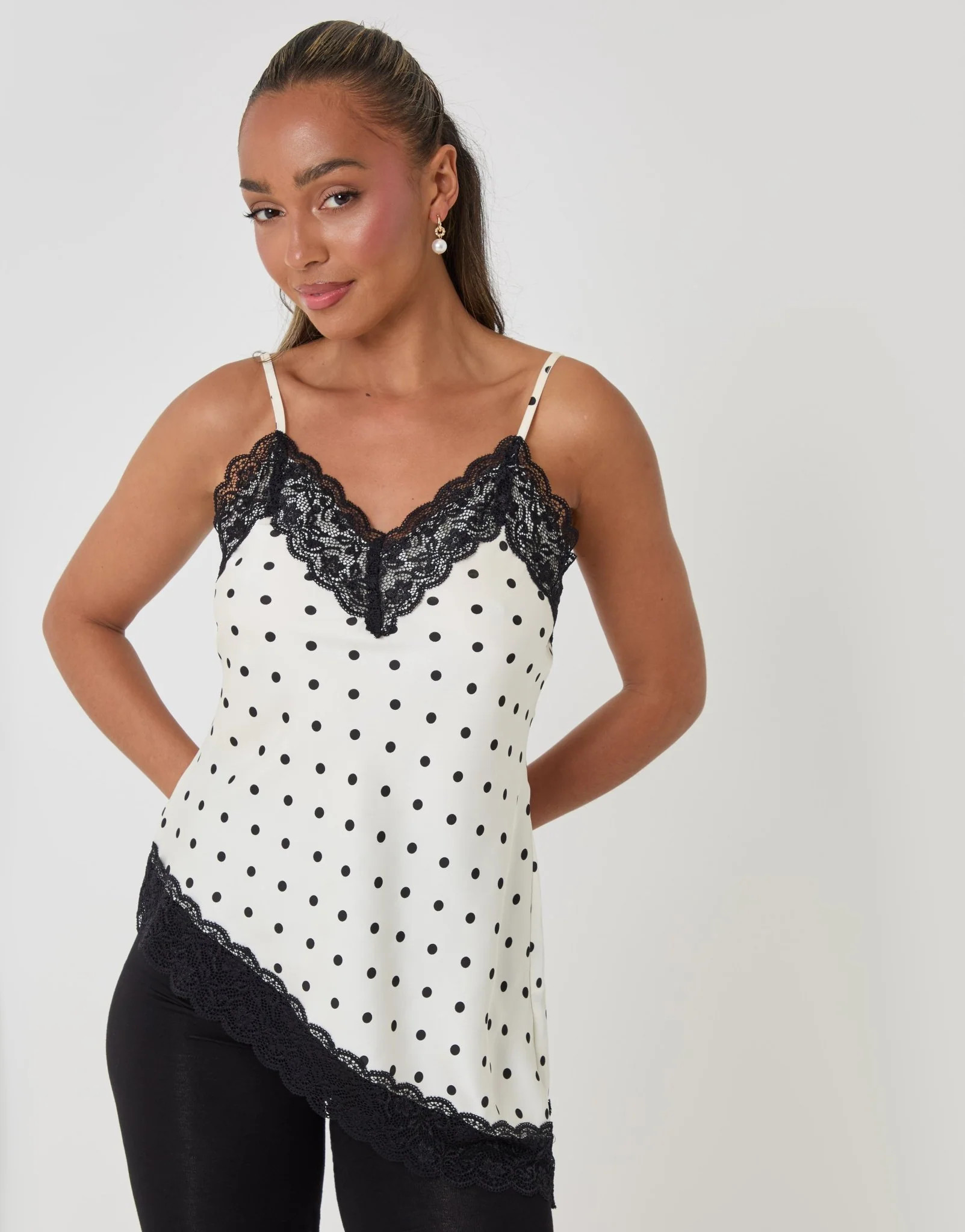Satin Lace Trim Cami in Cream Polka Dot | Threadbare UK