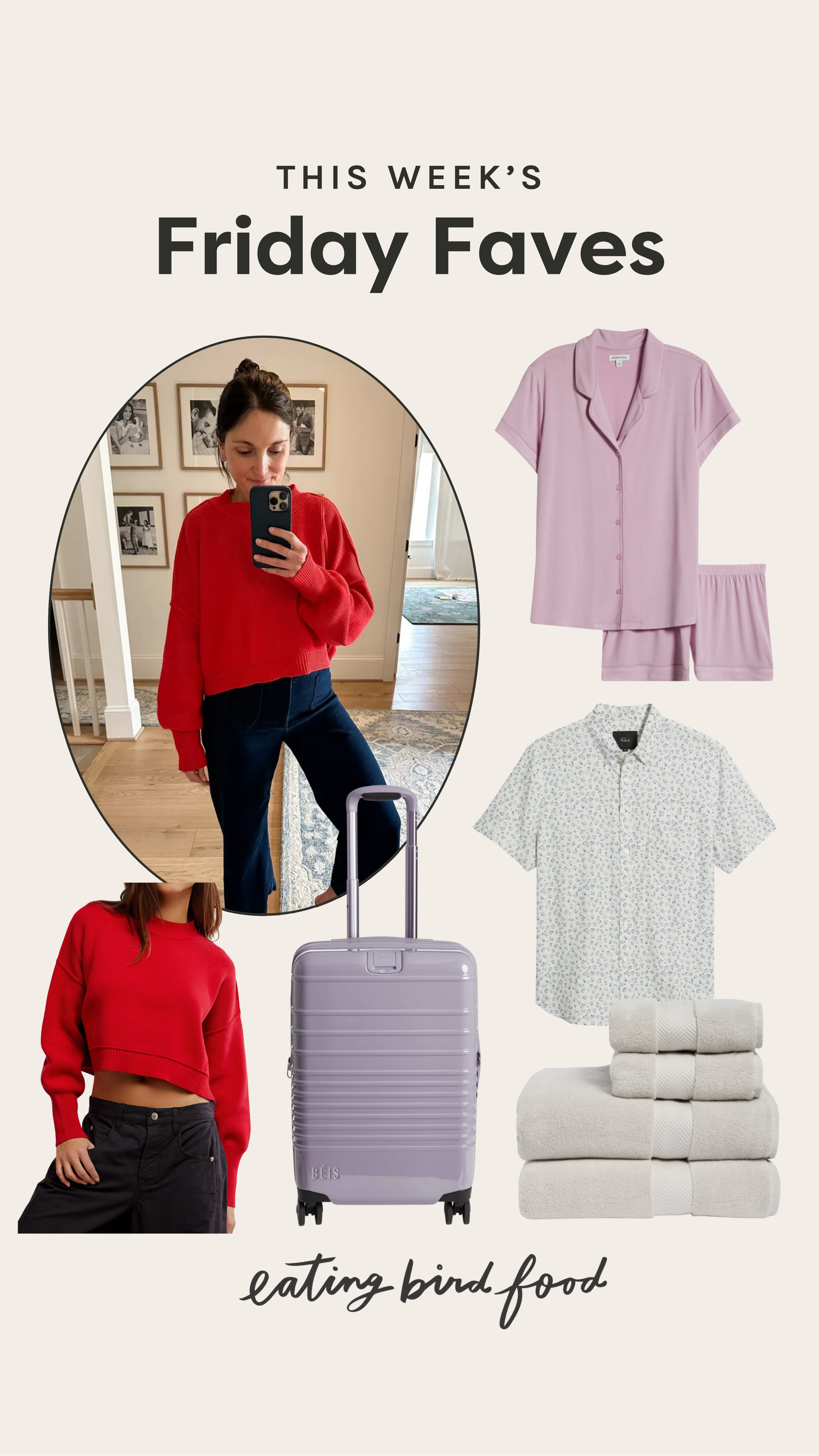 This week's Friday Faves! 

1️⃣ Beis 22-Inch Expandable Carry-On Roller: Stylish and functional—this carry-on fits perfectly in the overhead bin and expands for extra space when you need it. I love how sleek it looks and how smooth it rolls. Plus, the purple color that is on sale this year is so cute!

2️⃣ Free People Easy Street Crop Pullover: This cozy pullover is the perfect throw-on-and-go piece. It’s slightly cropped, super soft, and pairs perfectly with jeans. If you know me, you know I have this one in multiple colors and wear it on repeat.

3️⃣ Nordstrom Moonlight Short Pajamas: The best pajamas—hands down. Buttery soft, breathable, and flattering too. I’ve gifted these to friends and family, and everyone raves. Grab a set while they’re marked down!

4️⃣Nordstrom Organic Hydrocotton 4-Piece Bath Essentials Set: These towels feel like a luxury hotel in your own home. Thick, plush, and absorbent—plus they wash beautifully. The sale price makes it a great time to refresh your linen closet.

5️⃣ Rails Carson Short Sleeve Stretch Linen Blend Button-Up Shirt: A summer staple for the guys—this lightweight linen-blend button-up looks polished but feels relaxed. Isaac has this one and loves how breathable and comfortable it is. Easy to dress up or down, and a total win for warmer weather. 

 #LTKSeasonal #LTKSaleAlert #LTKStyleTip