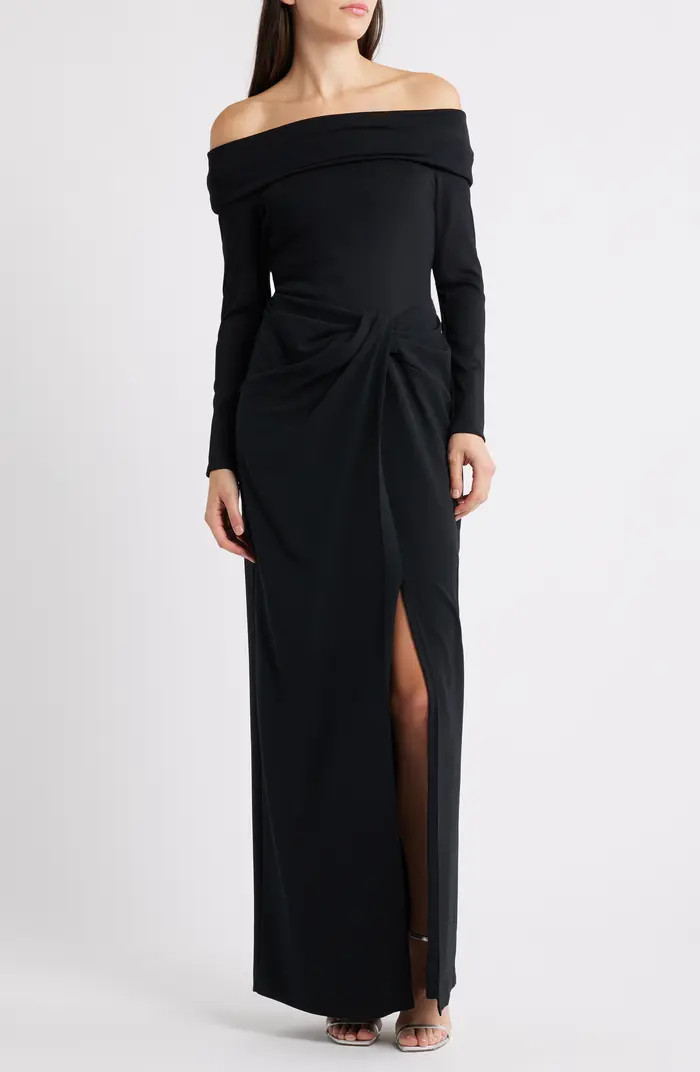 Off the Shoulder Long Sleeve Rib & Crepe Gown | Nordstrom