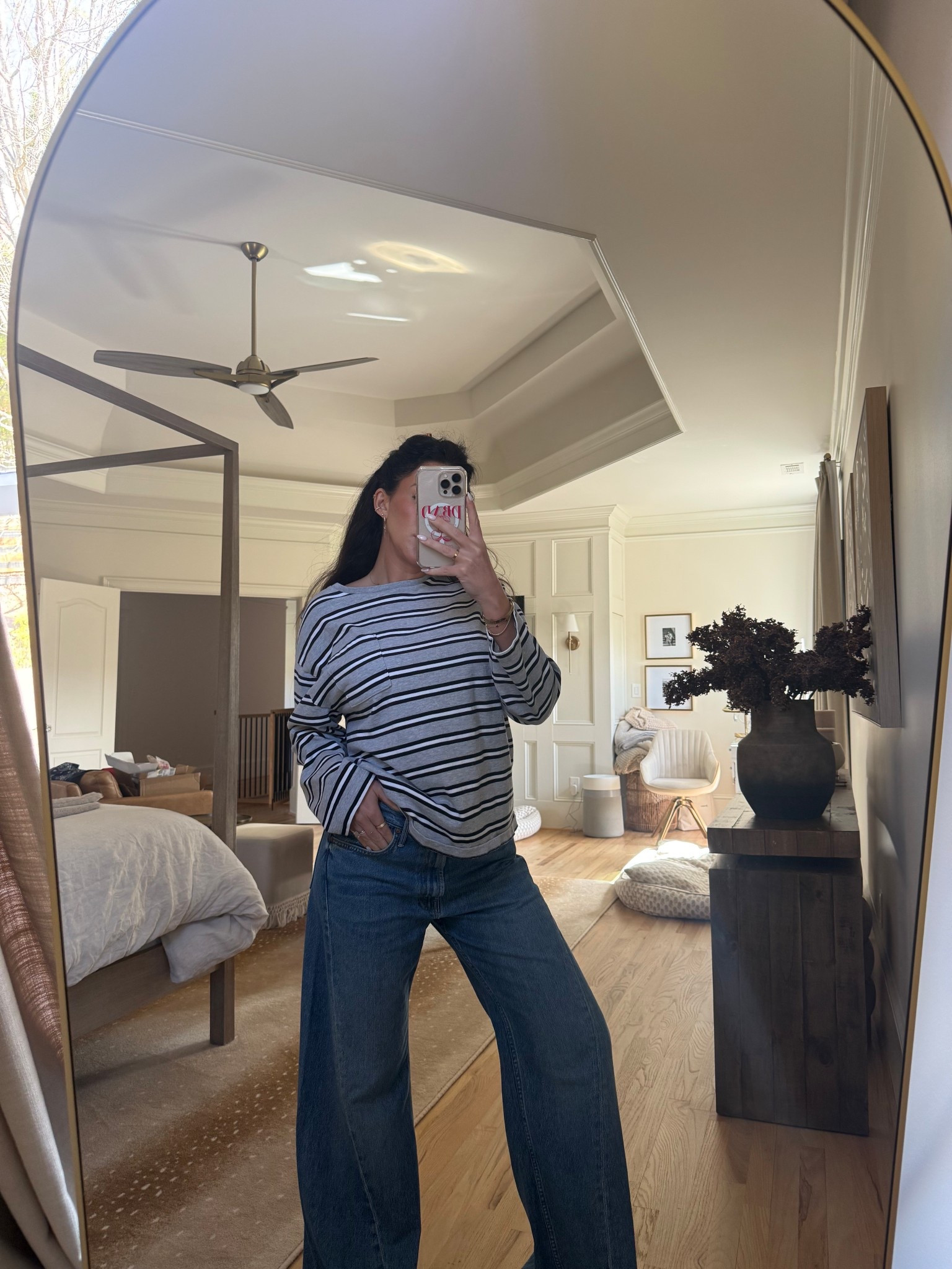 size M (color Chrome/ Admiral) in striped long sleeve 
jeans (ROLLING IN THE DOUGH) Size 29

#LTKootd #LTKmorningroutine