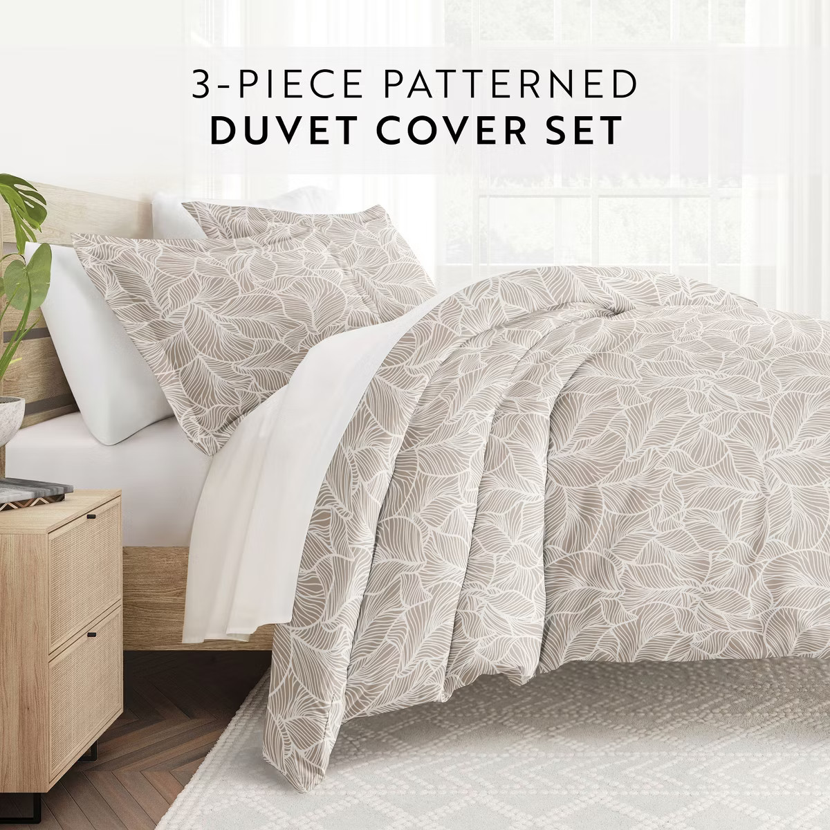 Linear Leaves Taupe 3PC Duvet Cover Set - Natural Pattern, Zippered Closure, Superior Weave - Bec... | Target
