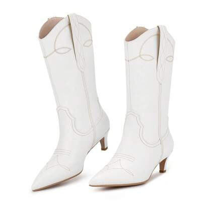 Western Cowboy Boots For Women Cowgirl Boots Women Embroidered Mid Calf Boots With Short Kitten Heel And Pointed Toe | SHEIN