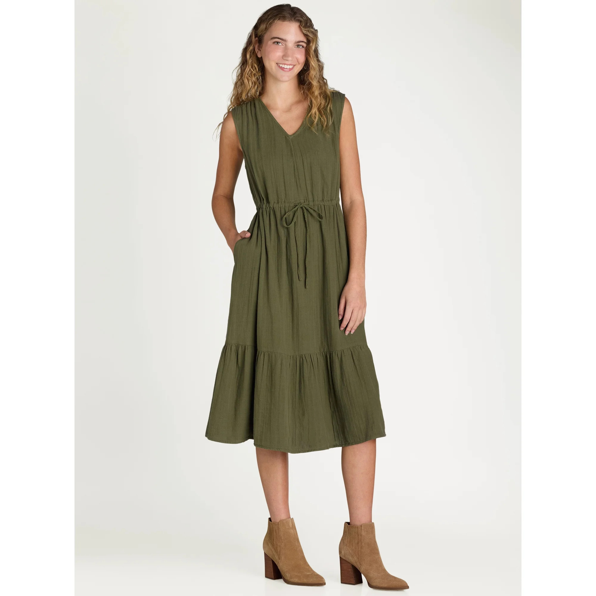 Time and Tru Women's Sleeveless Cotton Double Cloth Dress, Sizes XS-XXXL - Walmart.com | Walmart (US)
