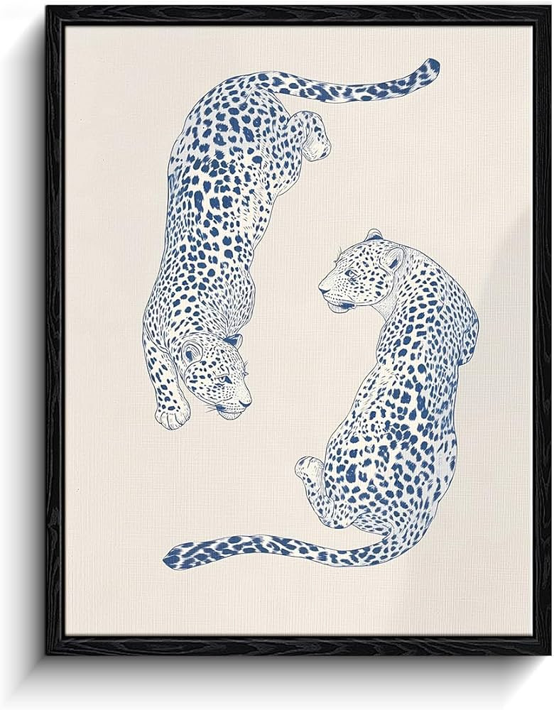 Leopard Duo Wall Art, minimal blue leopards, animal wall decor, matte finish framed canvas print,... | Amazon (US)
