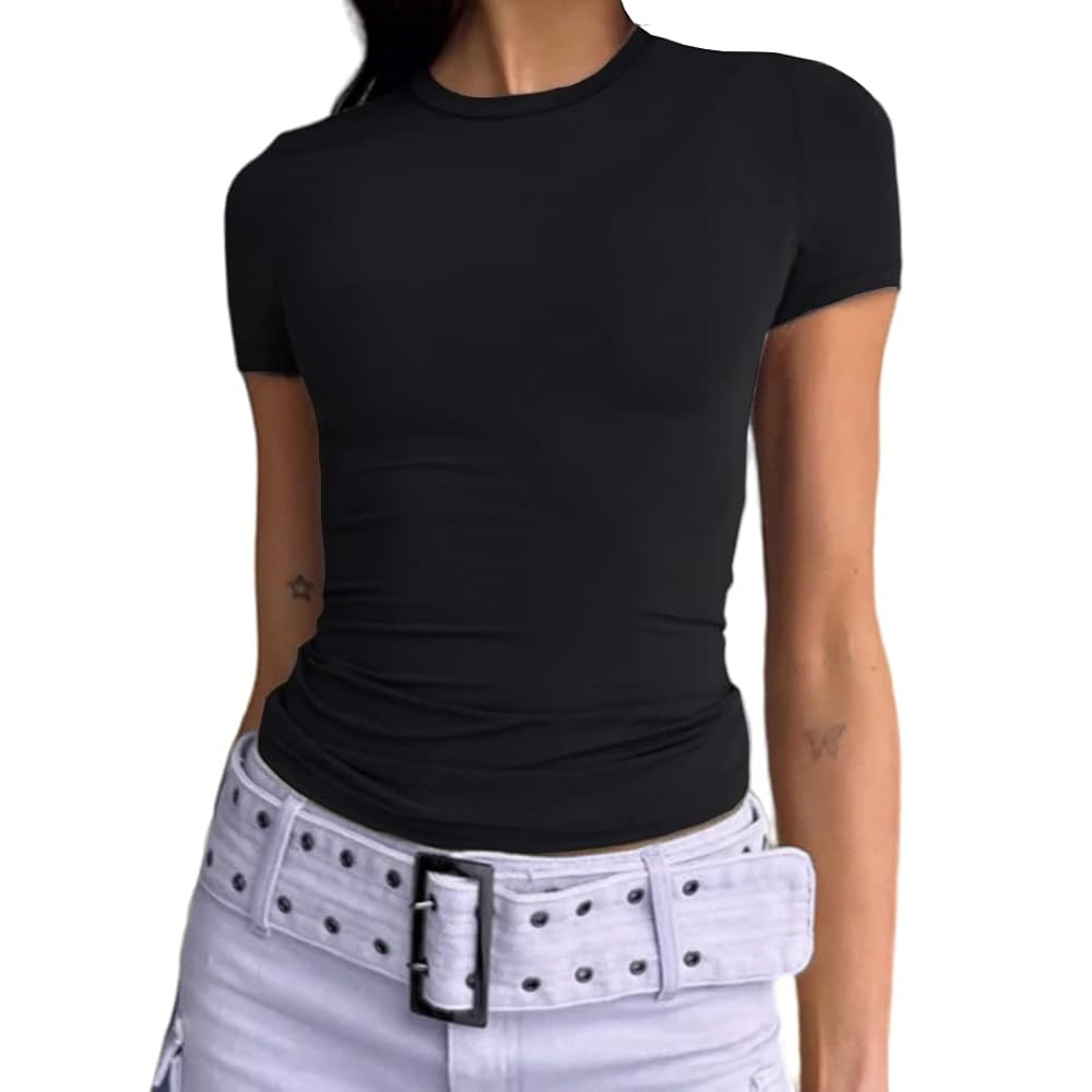 Dwnval Womens Sexy Basic T Shirts Summer Short Sleeve Crewneck Slim Fit Cute Crop Tops | Amazon (US)