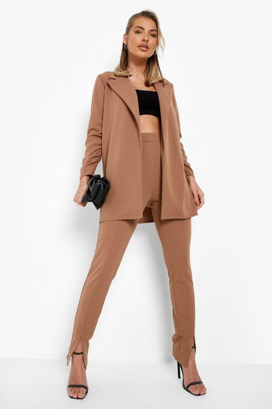 Ruched Sleeve Blazer & Split Hem Pants Suit | Boohoo.com (US & CA)