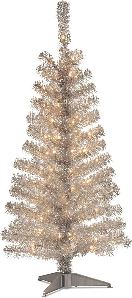 National Tree Company Pre-Lit Artificial Christmas Tree, Silver Tinsel, White Lights, Includes St... | Amazon (US)