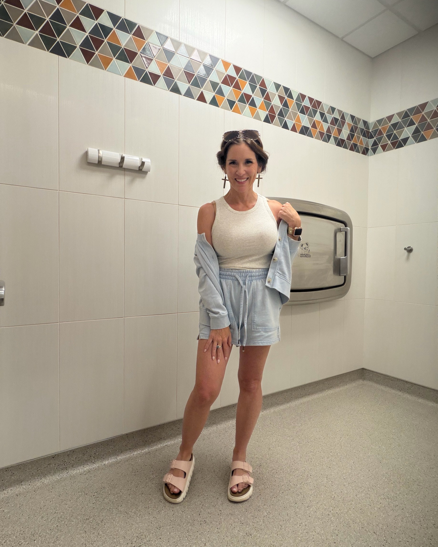 Bathroom outfit check 🩵🤍🩵￼

#LTKootd #LTKstorytime #LTKOver40