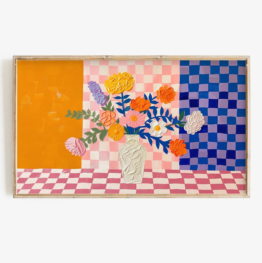 Frame Tv Art Colorful Checkered Floral Digital Download for Tv Trendy Still Life Spring or Summer... | Etsy (US)