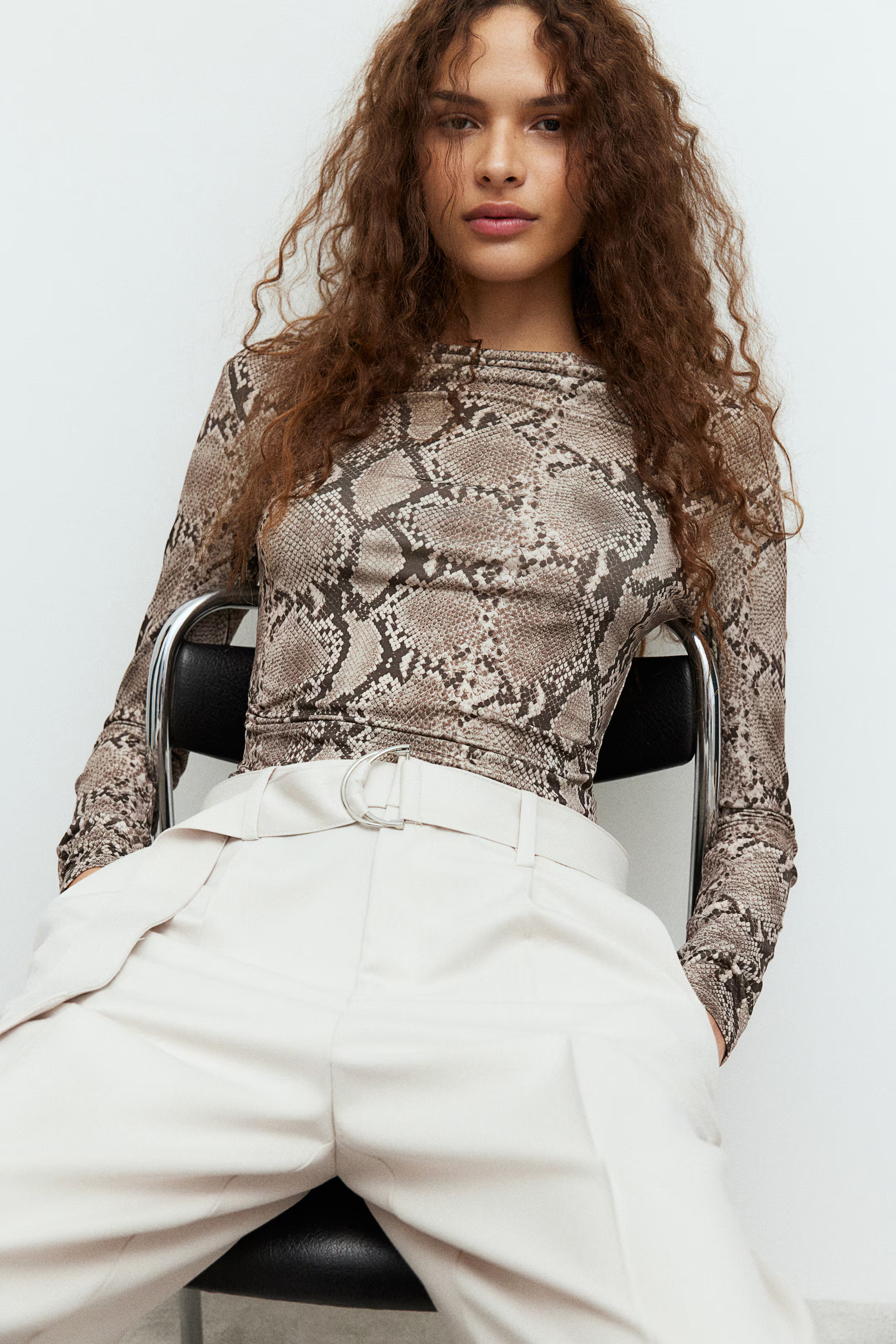 Draped jersey top - Taupe/snakeskin-patterned - Ladies | H&M CA | H&M (US + CA)