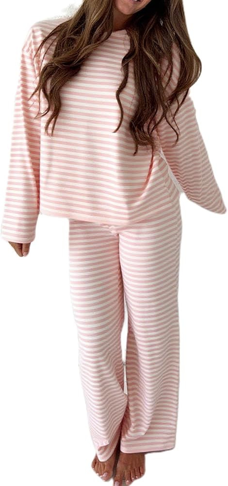 Women Casual Striped 2 Piece Lounge Set Long Sleeve Pullover Shirt Drawstring Wide Leg Pants Y2k ... | Amazon (US)
