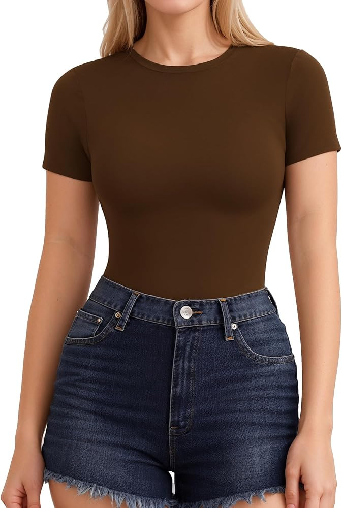 ALGALAROUND Women T Shirt Fitted Crew Neck Short Sleeve T-Shirts Summer Basic Womens Tight Tops S... | Amazon (UK)