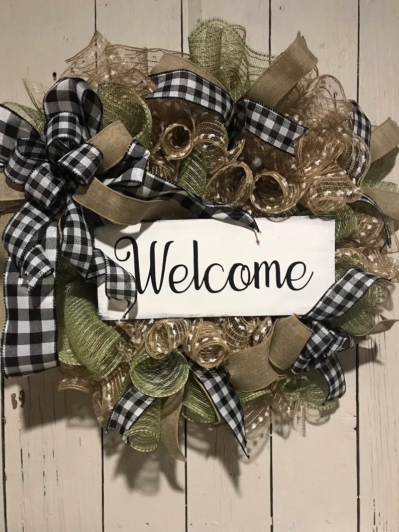 Welcome mesh plaid wreath, buffalo plaid rustic welcome sign, burlap and sage green,black, grey, ... | Etsy (US)