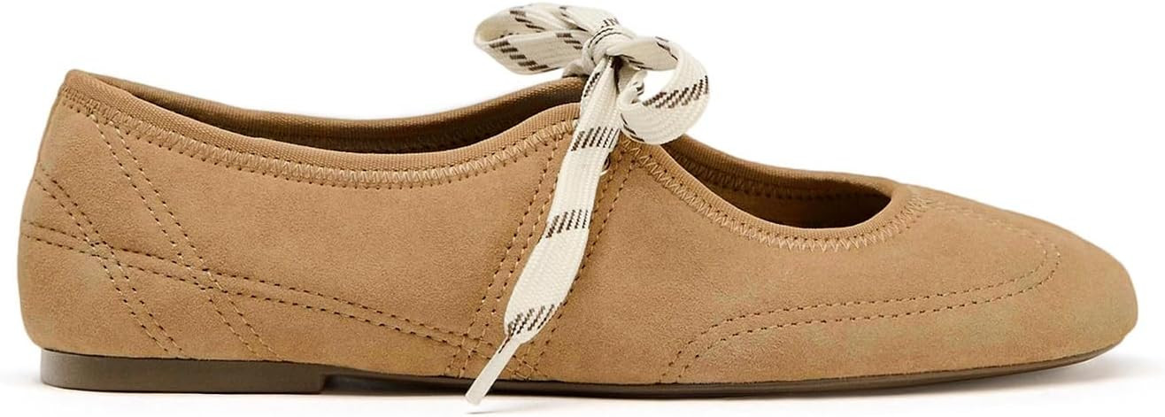 DOEYG Suede Ballet Flats Shoes for Women Lace up Ballerinas Round Toe Mary Jane Flats Dressy Casu... | Amazon (US)