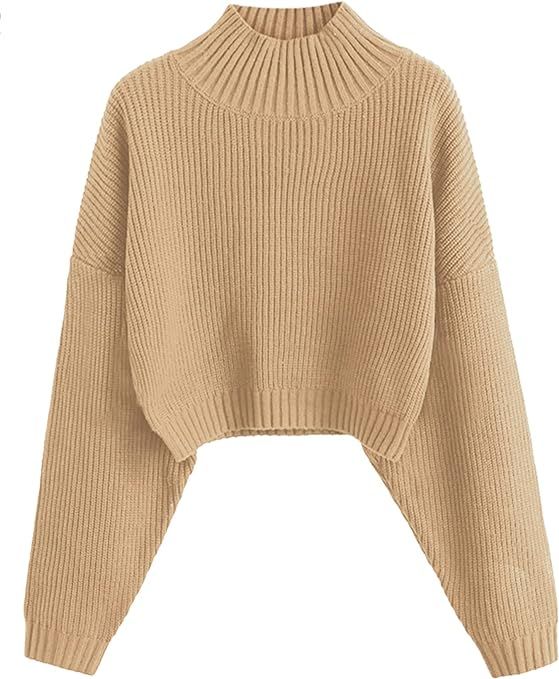 ZAFUL Women's Cropped Turtleneck Sweater Lantern Sleeve Ribbed Knit Pullover Sweater Jumper | Amazon (US)