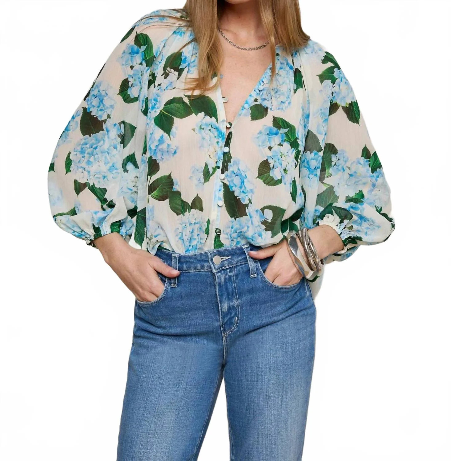 Teagan Blouse In Ivory Light Blue Hydrangea | Shop Simon