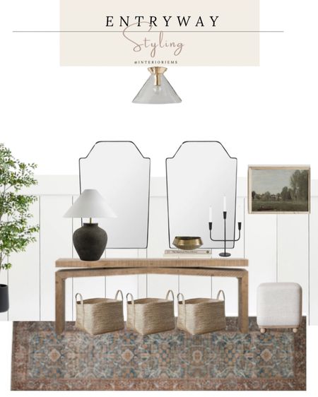 Entryway styling, console startling, large mirrors, Etsy art, natural wood console, amazon baskets, crate and barrel lamp, black lamp, rug runner, loloi

#LTKsalealert #LTKstyletip #LTKhome