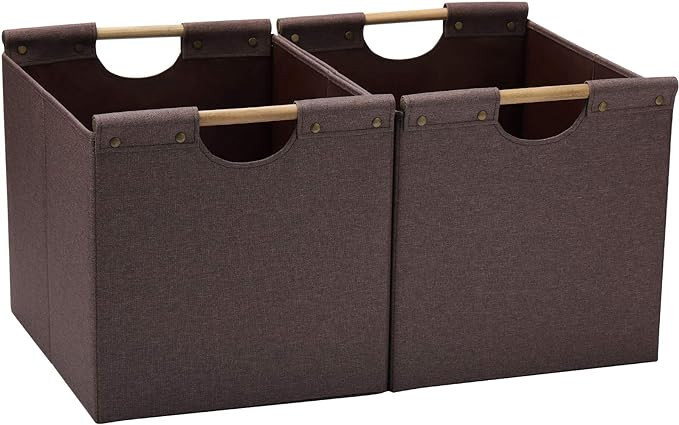 HOONEX Large Collapsible Storage Bins, Linen Fabric, 2 Pack, Storage Baskets with Wooden Carry Ha... | Amazon (US)