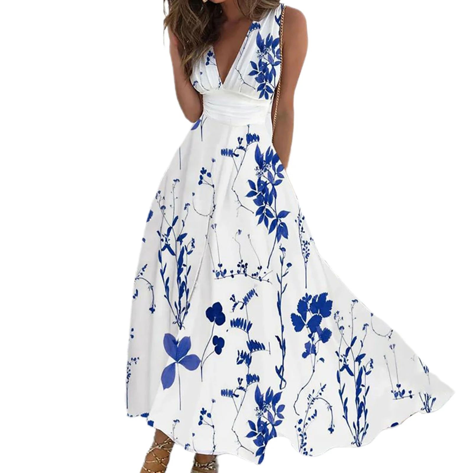Litie Women Floral Print Deep V Neck Sleeveless Flowy Hem Maxi Dress | Walmart (US)