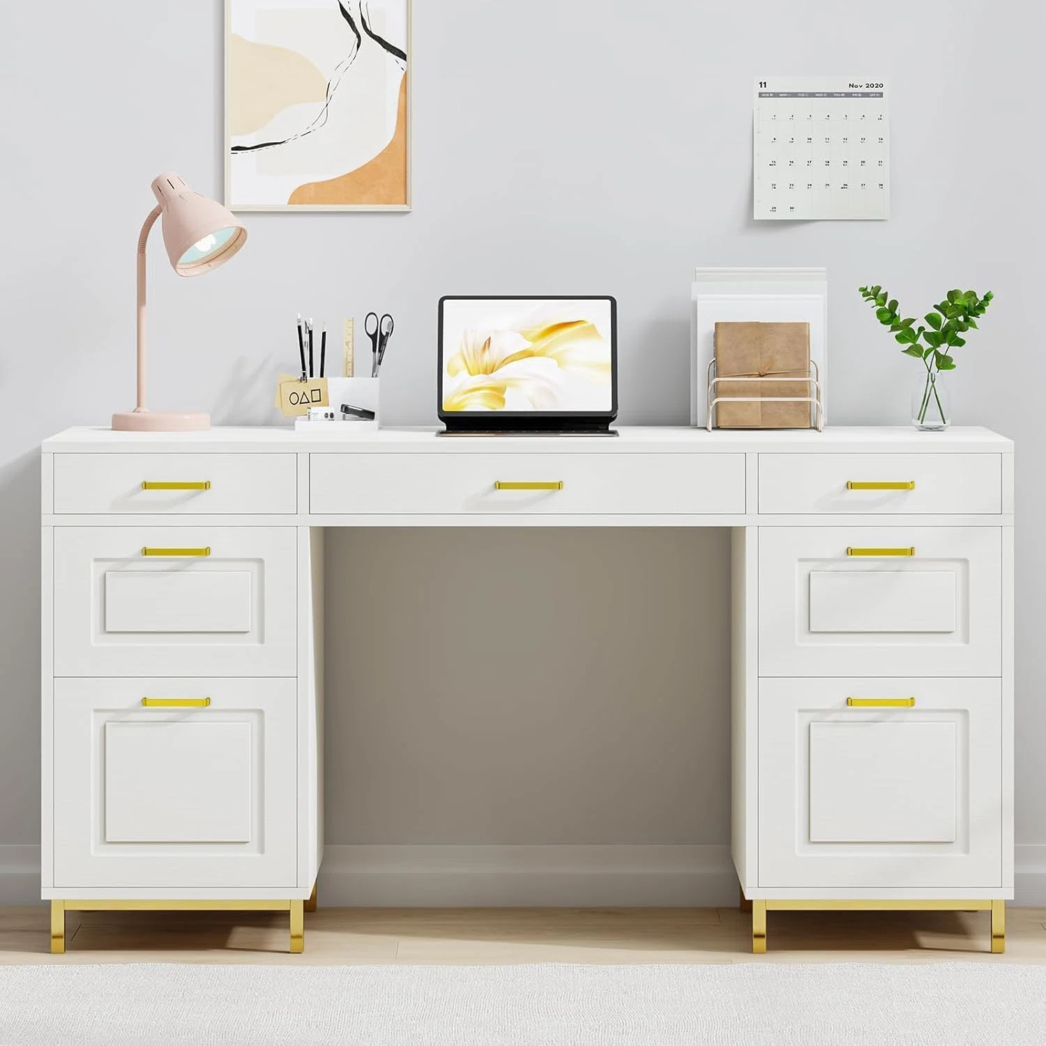 Computer Desk with 7 Drawers, 57 Inch Home Office Desk with File Drawers,Executive Desk with Gold... | Wayfair North America