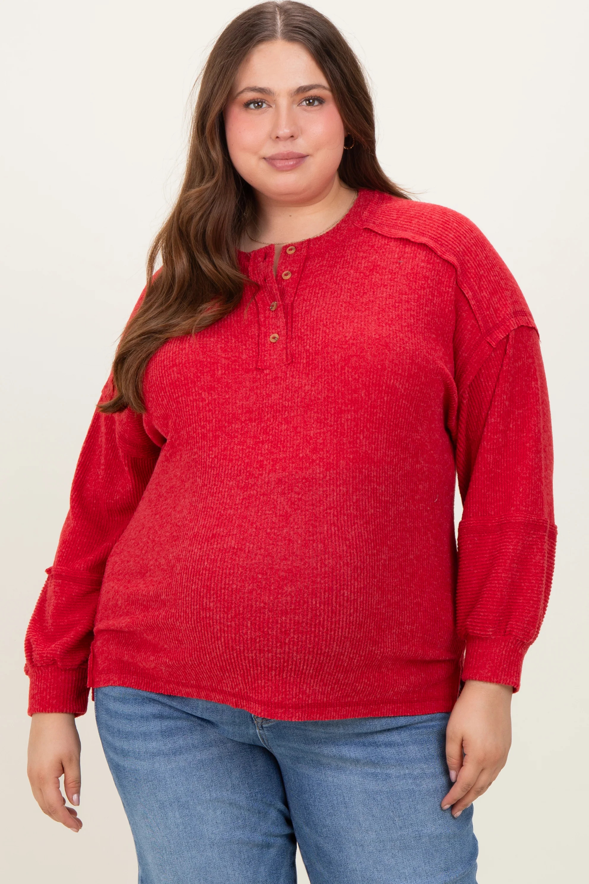Red Oversized Ribbed Knit Henley Maternity Plus Sweater | PinkBlush Maternity