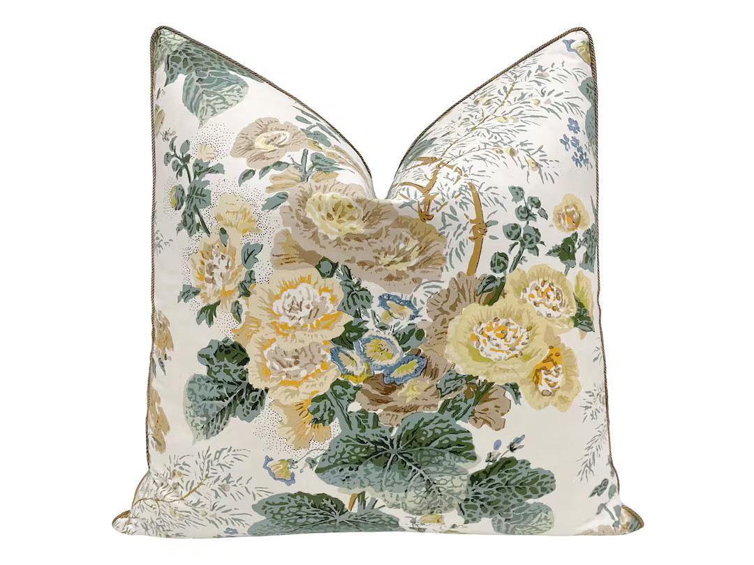 Lee Jofa Althea // Citron Pillow  | floral print | designer pillow | brass cord detailing | | Etsy (US)