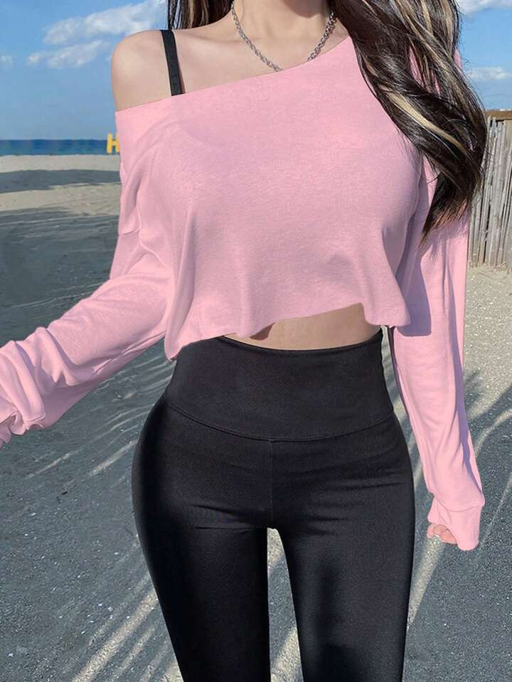 DAZY Women's Asymmetrical Neckline Cropped Long Sleeve Casual T-Shirt For Spring/Summer | SHEIN