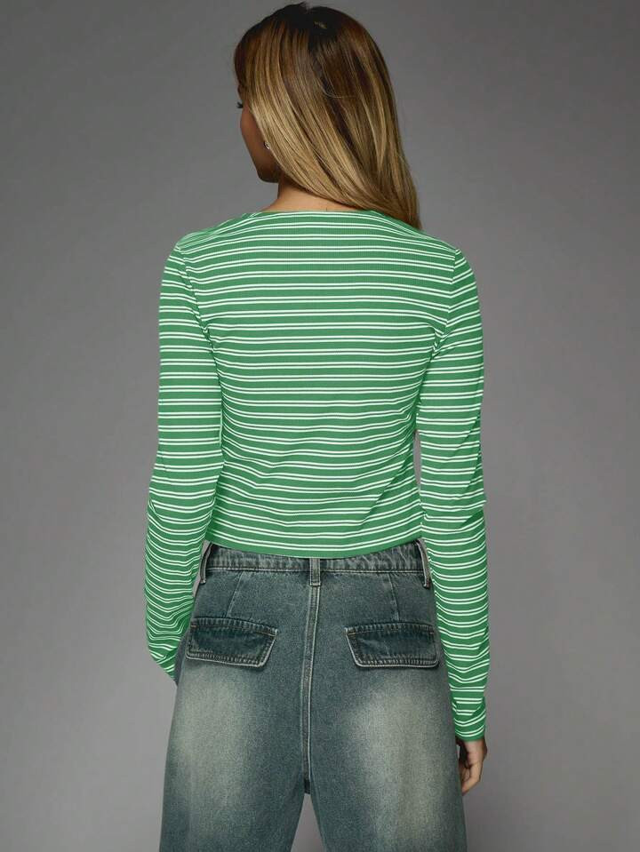 MISSGUIDED Textured Rib Stripe Buttoned Long Sleeves Top | SHEIN