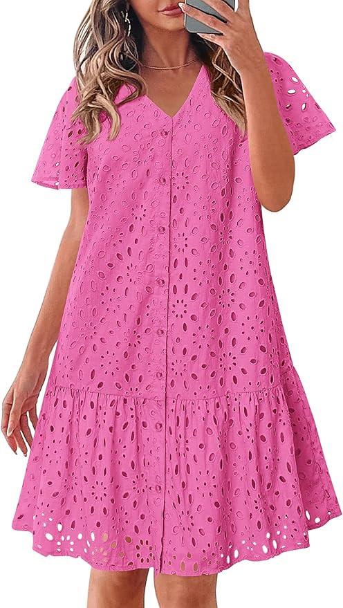 KIRUNDO Eyelet Dresses for Women 2026 Spring Summer Short Sleeve Button Down Loose Mini Babydoll ... | Amazon (US)