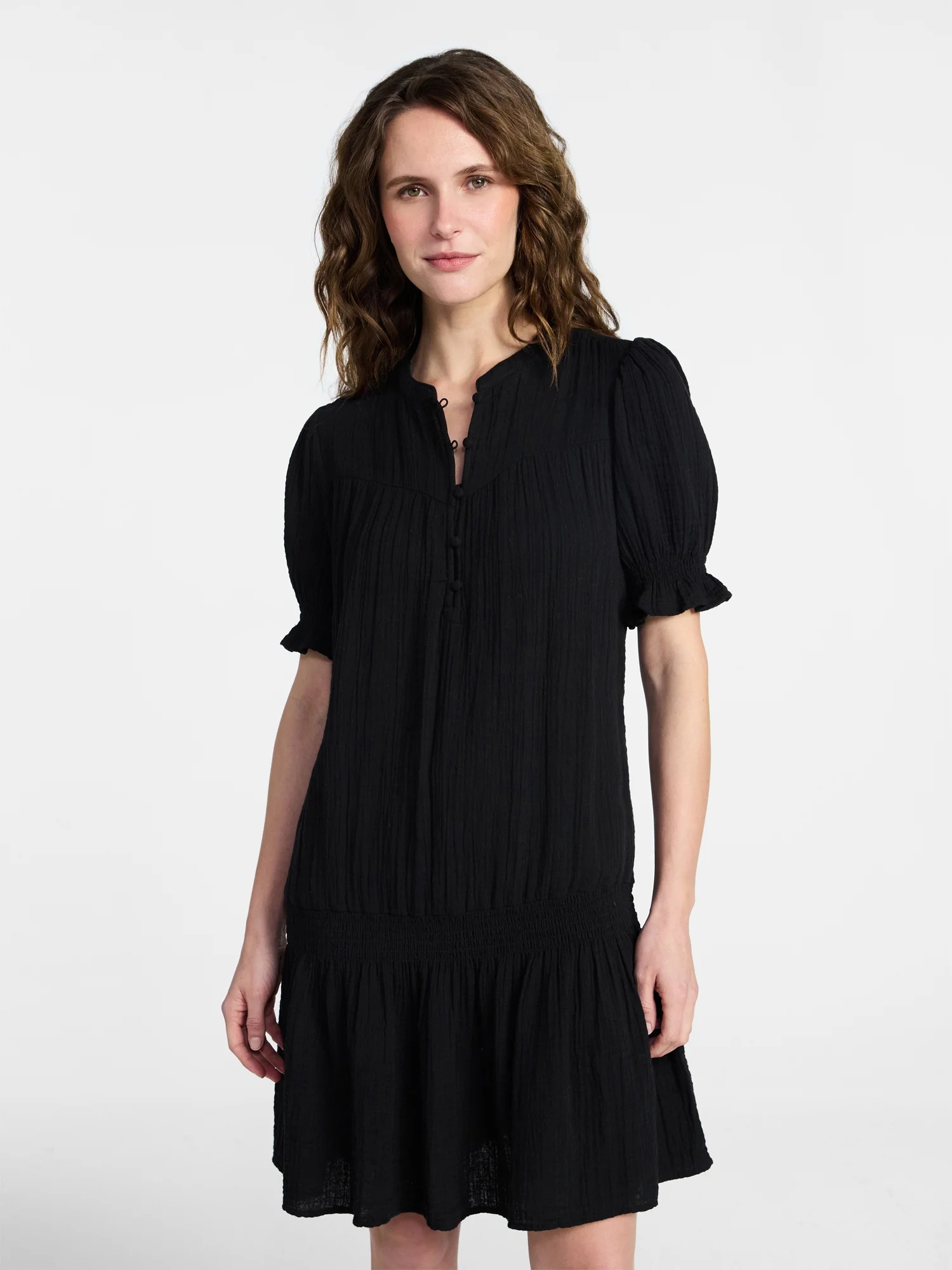 Time and Tru Women's Cotton Double Cloth Drop Waist Mini Dress with Puff Sleeves, Sizes XS-XXXL | Walmart (US)