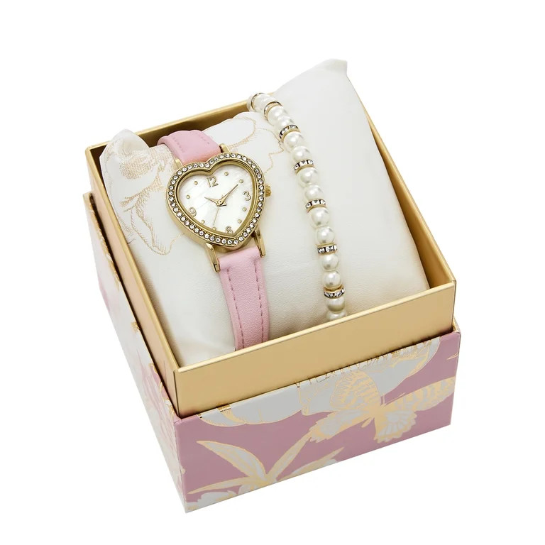 Folio Women’s 2pc Watch & Bracelet Set; 28mm Heart Case, Pink PU Leather Strap, Silver, FMDAL12... | Walmart (US)